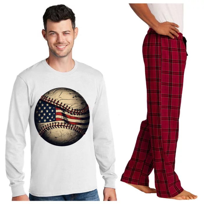 Retro American Flag Baseball Team Baseball Long Sleeve Pajama Set