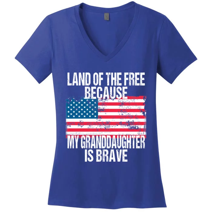 Retro American Flag Land Of The Free Military Granddaughter Gift Women's V-Neck T-Shirt