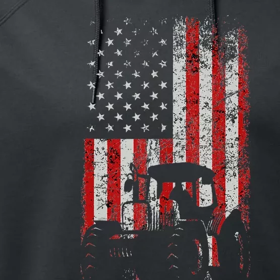 Retro American Flag Tractor Gift Men Women Tractor Farm Performance Fleece Hoodie