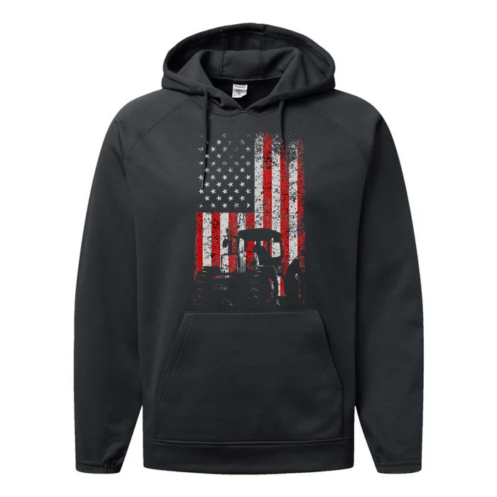 Retro American Flag Tractor Gift Men Women Tractor Farm Performance Fleece Hoodie