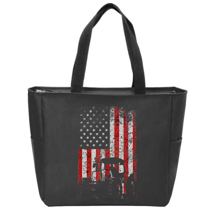 Retro American Flag Tractor Gift Men Women Tractor Farm Zip Tote Bag