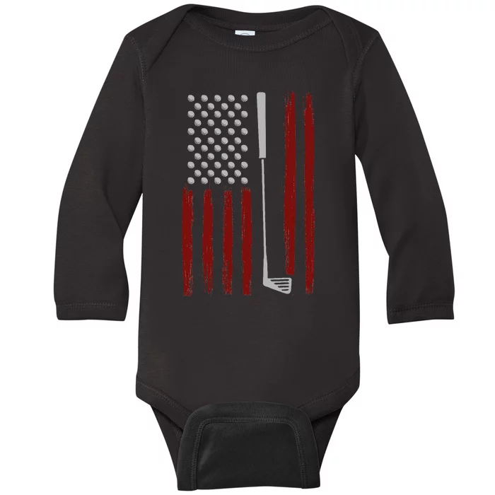 Retro American Flag Golf Gift For Golfer Baby Long Sleeve Bodysuit