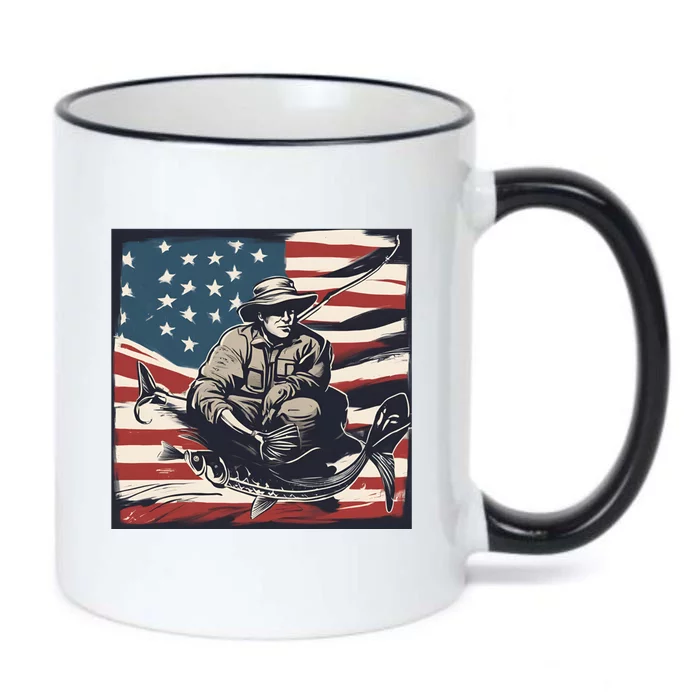 Retro American Flag Funny Fishing Rod Design Great Gift Black Color Changing Mug