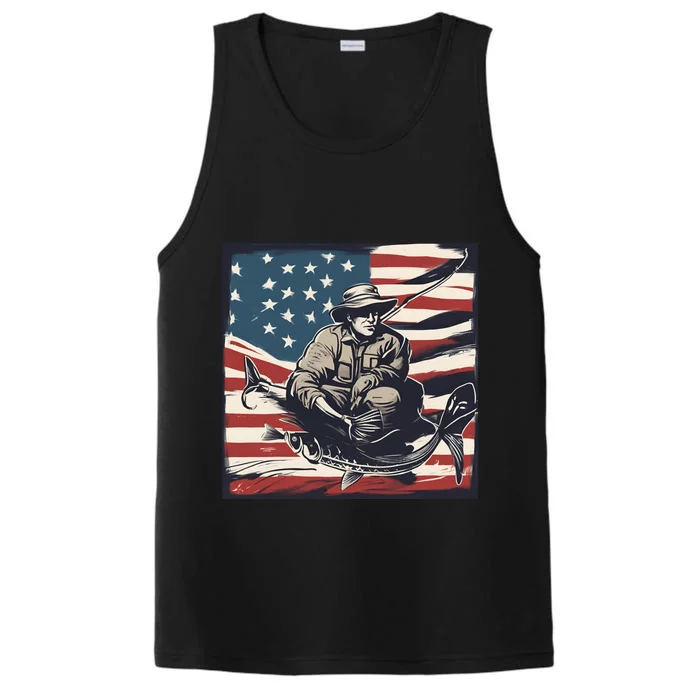 Retro American Flag Funny Fishing Rod Design Great Gift Performance Tank