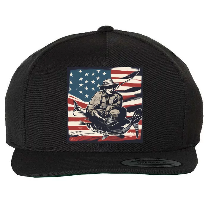 Retro American Flag Funny Fishing Rod Design Great Gift Wool Snapback Cap