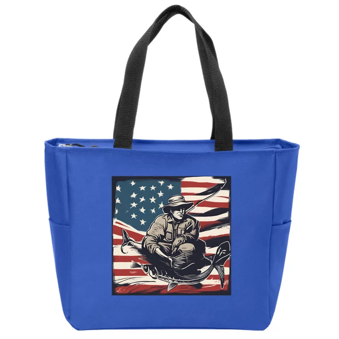 Retro American Flag Funny Fishing Rod Design Great Gift Zip Tote Bag