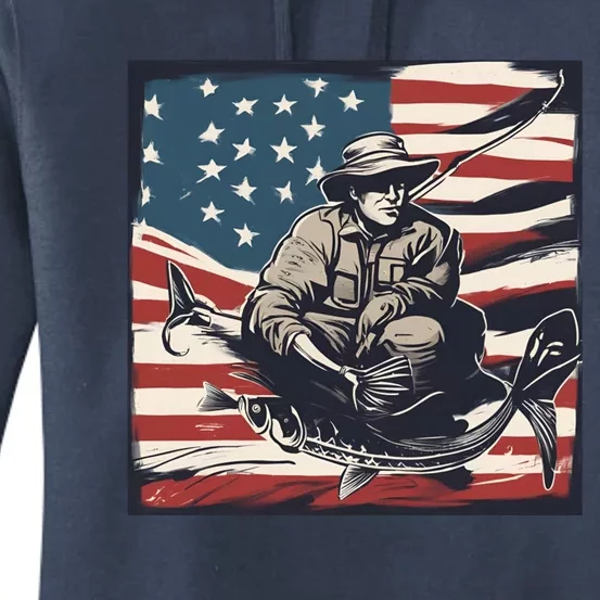 Retro American Flag Funny Fishing Rod Design Great Gift Women's Pullover Hoodie