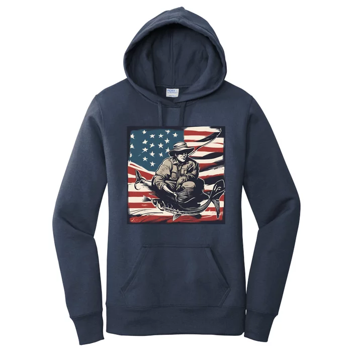 Retro American Flag Funny Fishing Rod Design Great Gift Women's Pullover Hoodie