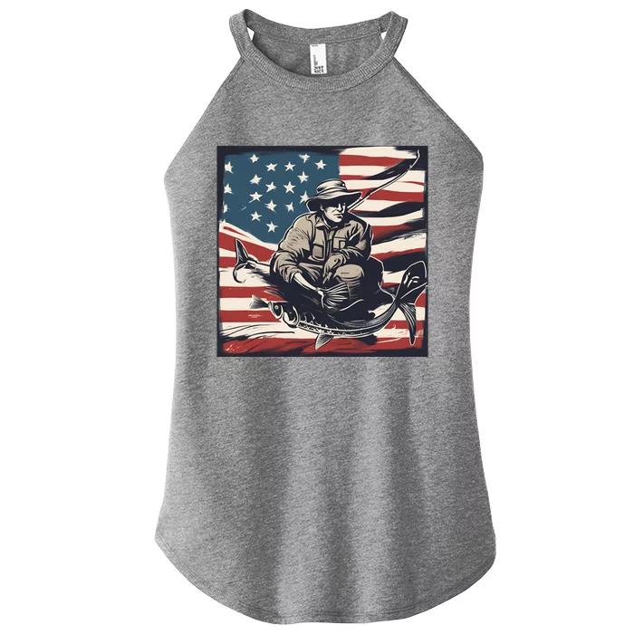 Retro American Flag Funny Fishing Rod Design Great Gift Women’s Perfect Tri Rocker Tank