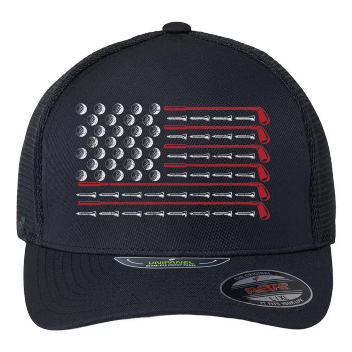 Retro American Flag Golf Gift for Golfer Funny Golf Club Flexfit Unipanel Trucker Cap