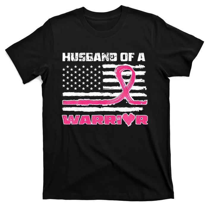 Ribbon American Flag Husband Of A Warrior Breast Cancer T-Shirt