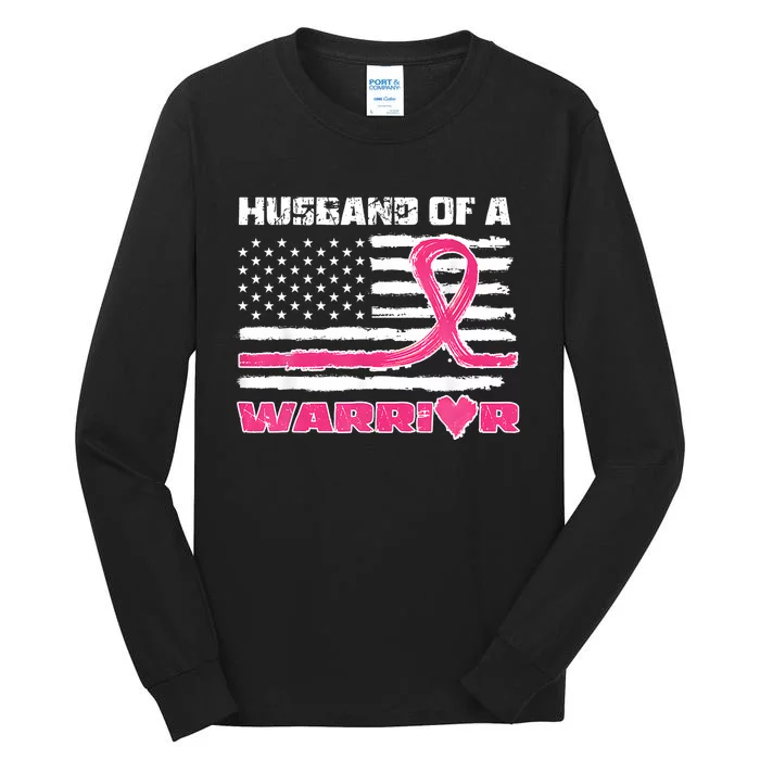 Ribbon American Flag Husband Of A Warrior Breast Cancer Tall Long Sleeve T-Shirt