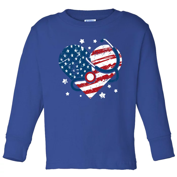 Retro American Flag Heart Nurse 4th Of July Nursing Mama Mom Gift Toddler Long Sleeve Shirt