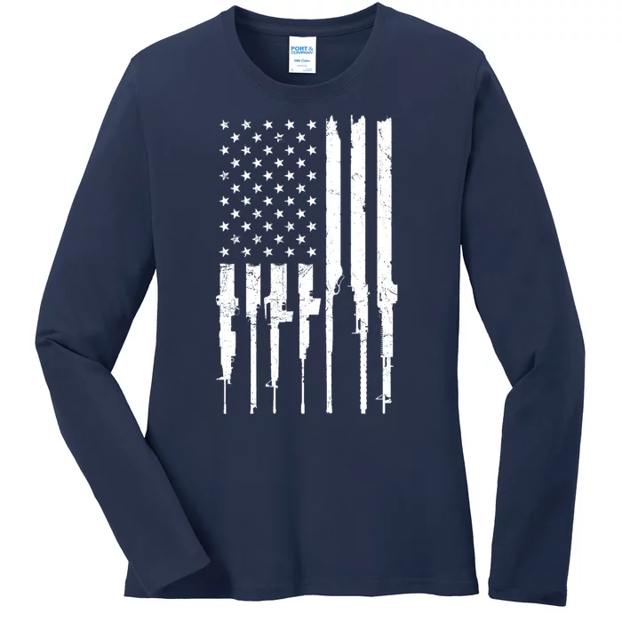 Rifle American Flag Ladies Long Sleeve Shirt