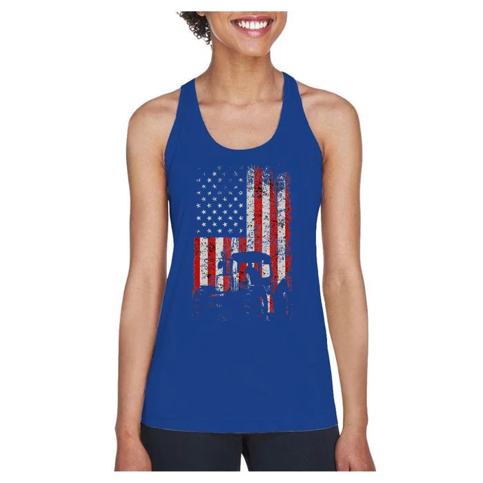 Retro American Flag Tractor Gift  Tractor Farm Women's Racerback Tank