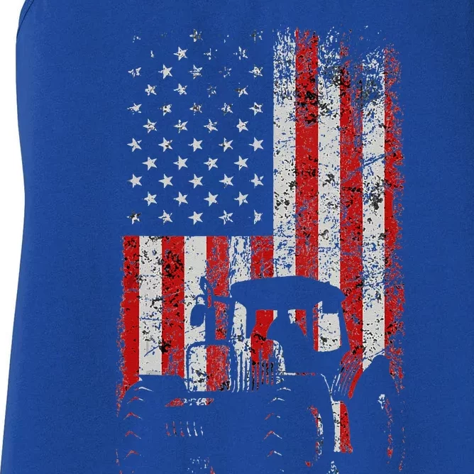 Retro American Flag Tractor Gift  Tractor Farm Women's Racerback Tank