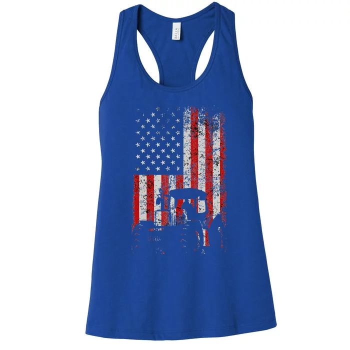 Retro American Flag Tractor Gift  Tractor Farm Women's Racerback Tank