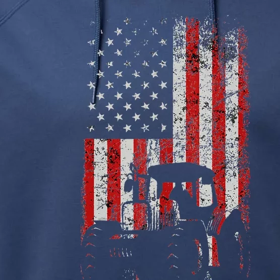 Retro American Flag Tractor Gift  Tractor Farm Performance Fleece Hoodie