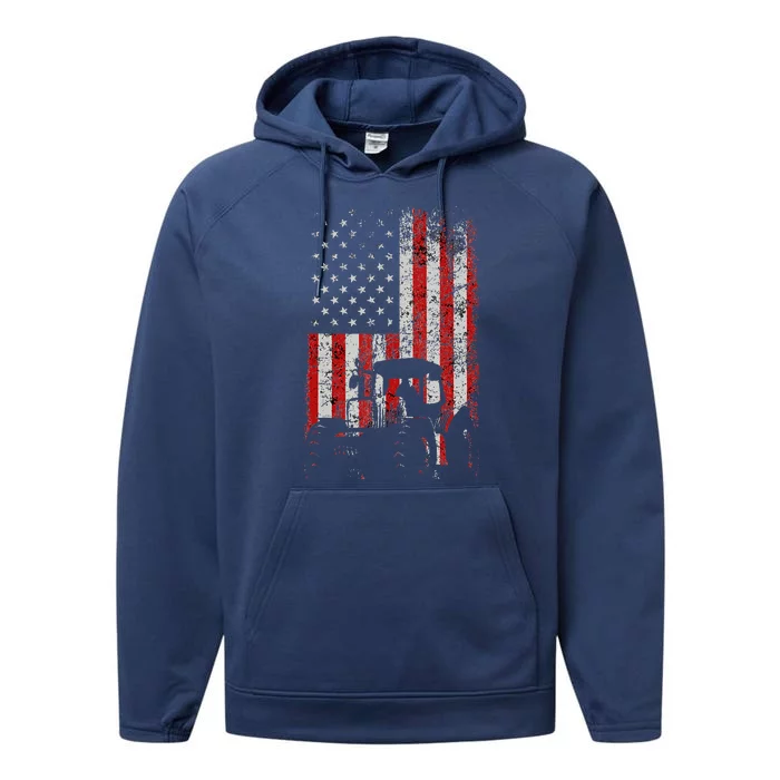 Retro American Flag Tractor Gift  Tractor Farm Performance Fleece Hoodie