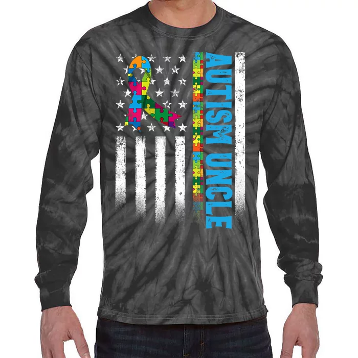 Retro American Flag Autism Uncle Awareness Autistic Tie-Dye Long Sleeve Shirt