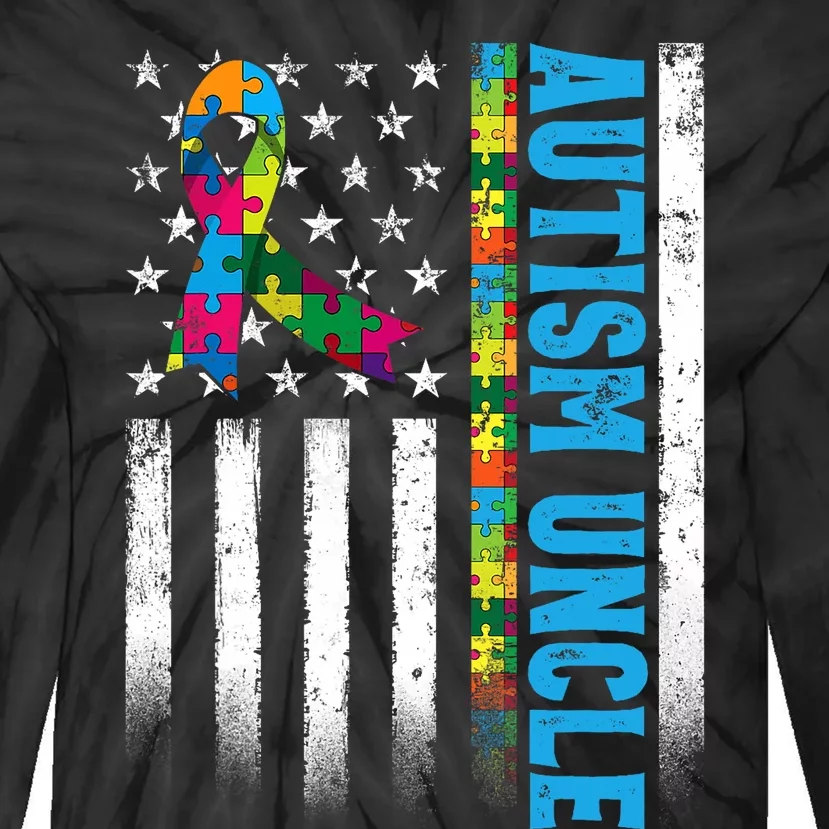 Retro American Flag Autism Uncle Awareness Autistic Tie-Dye Long Sleeve Shirt