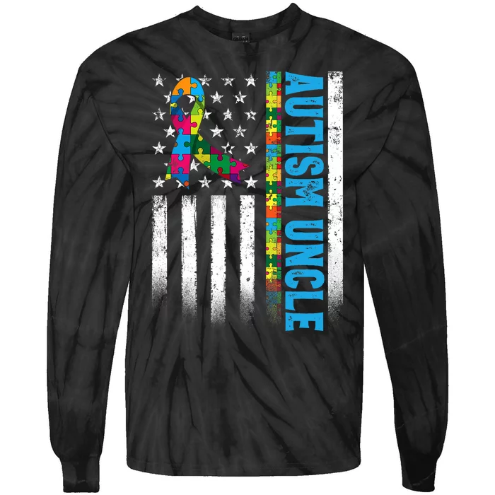 Retro American Flag Autism Uncle Awareness Autistic Tie-Dye Long Sleeve Shirt