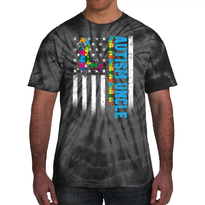 Retro American Flag Autism Uncle Awareness Autistic Tie-Dye T-Shirt