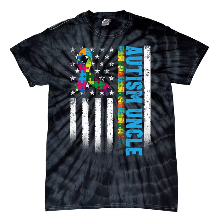 Retro American Flag Autism Uncle Awareness Autistic Tie-Dye T-Shirt