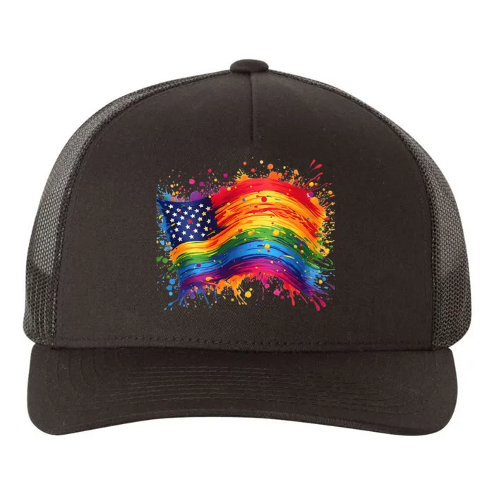 Rainbow American Flag Pride Splatter Style Rainbow Flag Yupoong Adult 5-Panel Trucker Hat