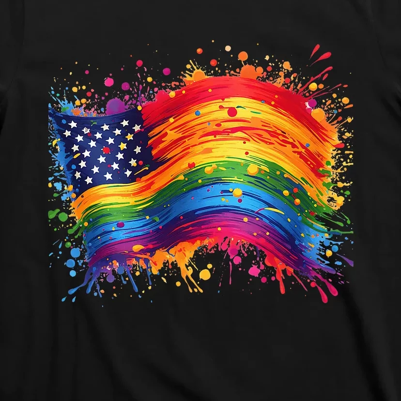 Rainbow American Flag Pride Splatter Style Rainbow Flag T-Shirt