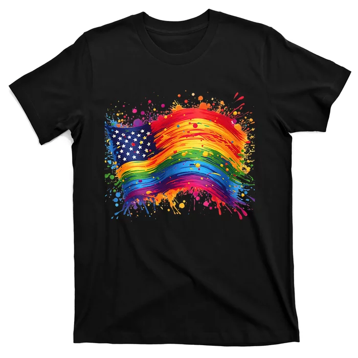 Rainbow American Flag Pride Splatter Style Rainbow Flag T-Shirt