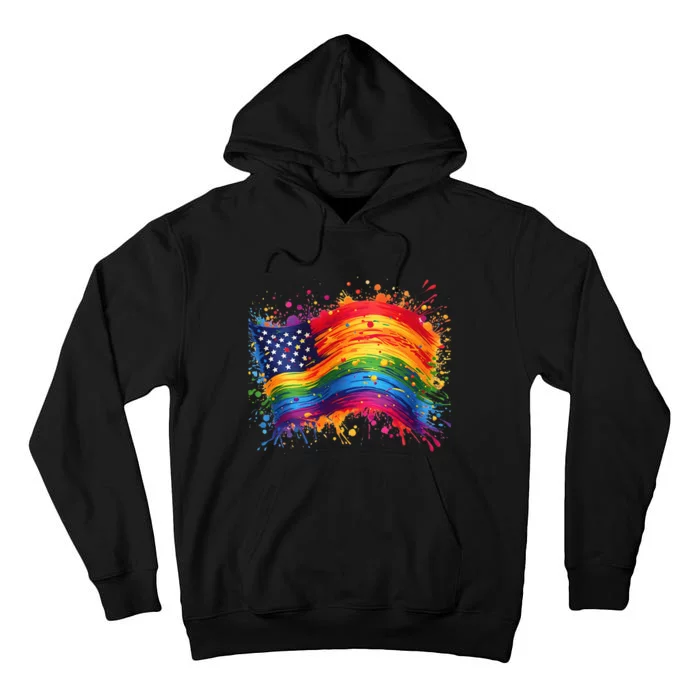 Rainbow American Flag Pride Splatter Style Rainbow Flag Tall Hoodie