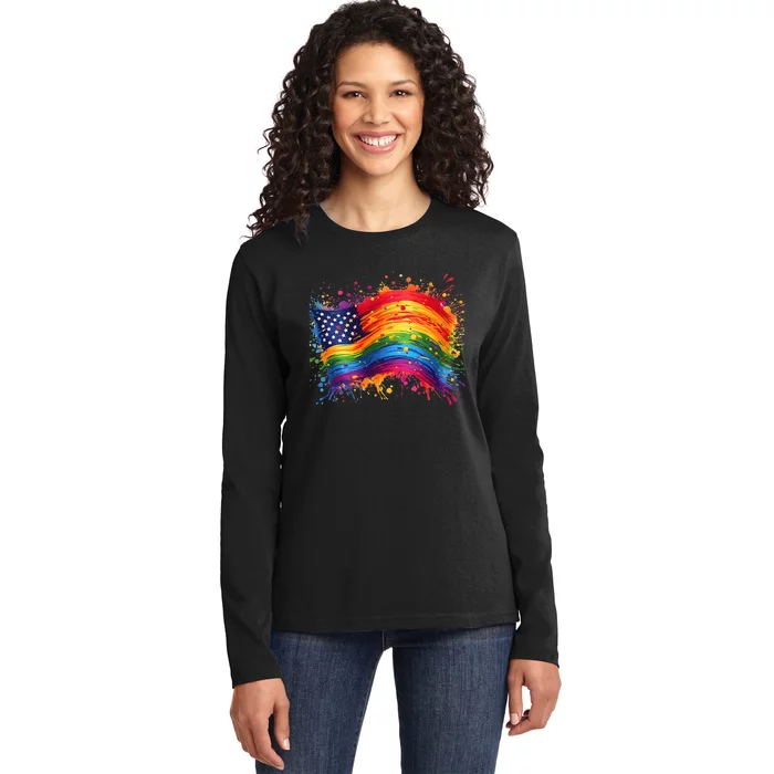 Rainbow American Flag Pride Splatter Style Rainbow Flag Ladies Long Sleeve Shirt