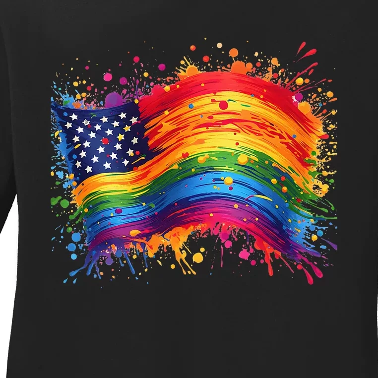 Rainbow American Flag Pride Splatter Style Rainbow Flag Ladies Long Sleeve Shirt