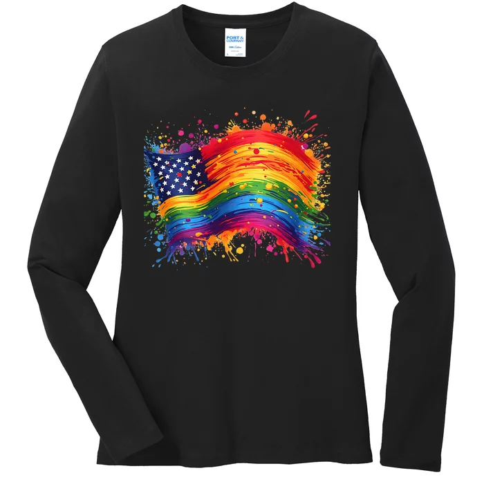 Rainbow American Flag Pride Splatter Style Rainbow Flag Ladies Long Sleeve Shirt