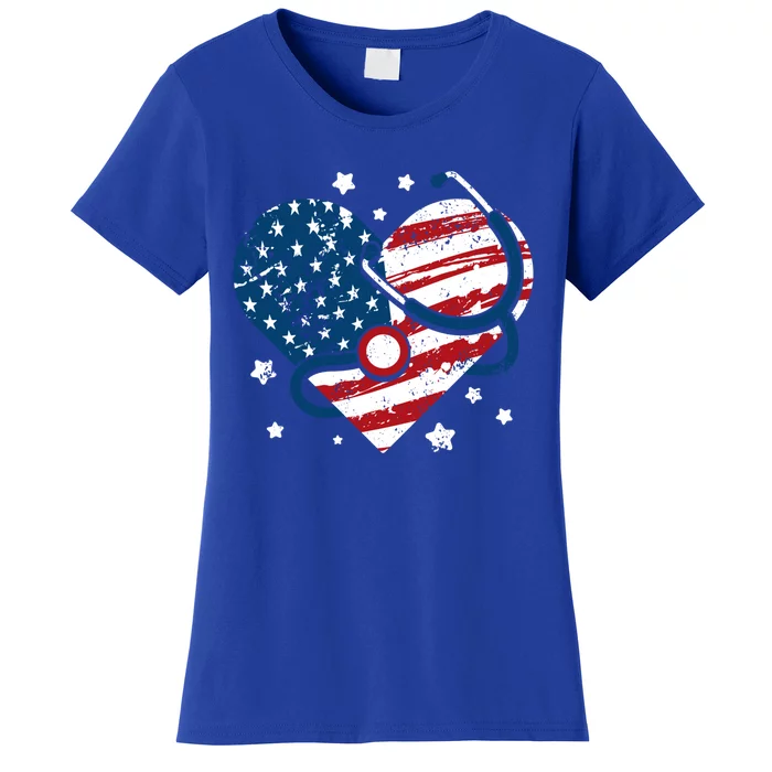 Retro American Flag Heart Nurse 4th Of July Nursing Mama Mom Cute Gift Women's T-Shirt