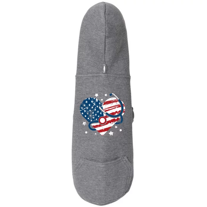 Retro American Flag Heart Nurse 4th Of July Nursing Mama Mom Cute Gift Doggie 3-End Fleece Hoodie