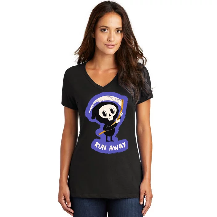 Run Away From The Reaper Cute Grim Reaper Women's V-Neck T-Shirt