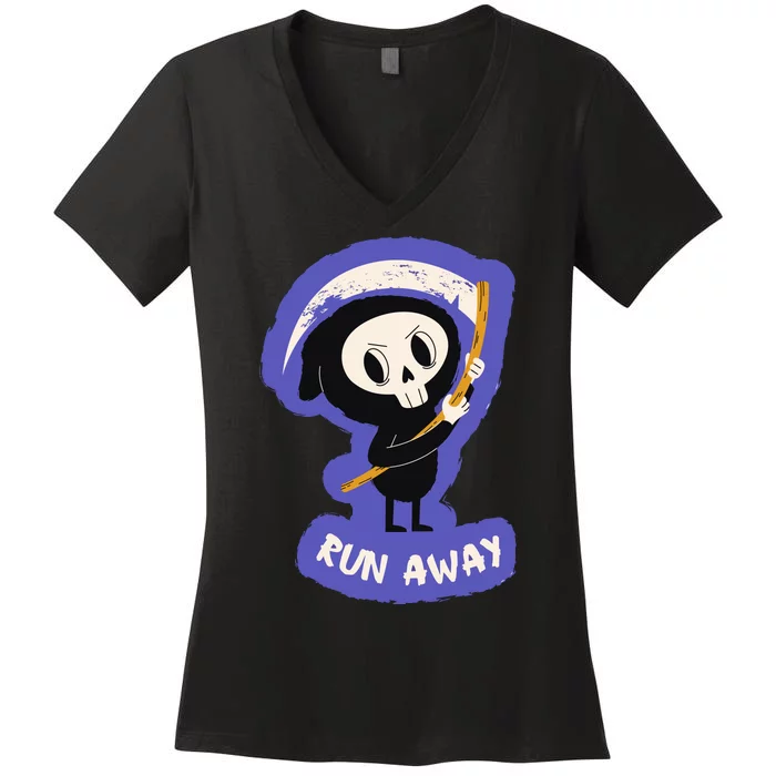 Run Away From The Reaper Cute Grim Reaper Women's V-Neck T-Shirt