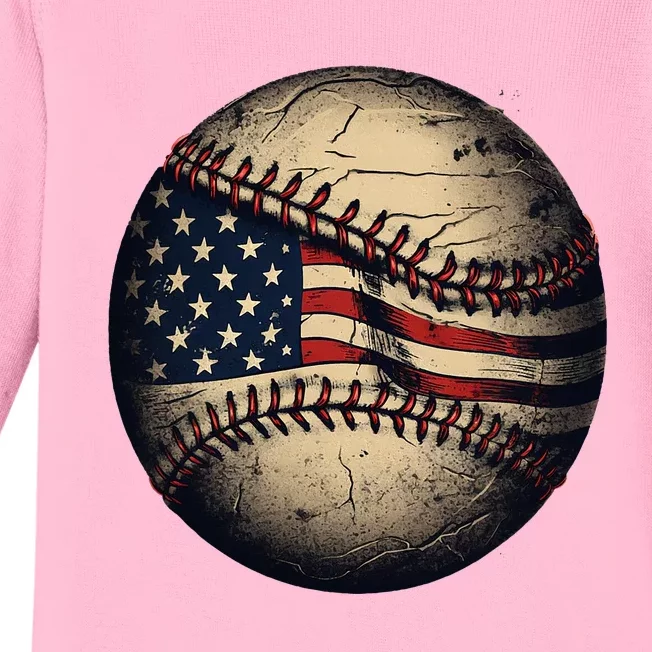 Retro American Flag Baseball Team Baseball Player Baby Long Sleeve Bodysuit