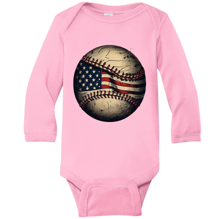 Retro American Flag Baseball Team Baseball Player Baby Long Sleeve Bodysuit