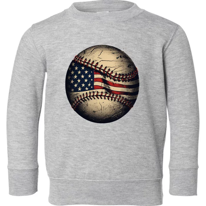 Retro American Flag Baseball Team Baseball Player Toddler Sweatshirt