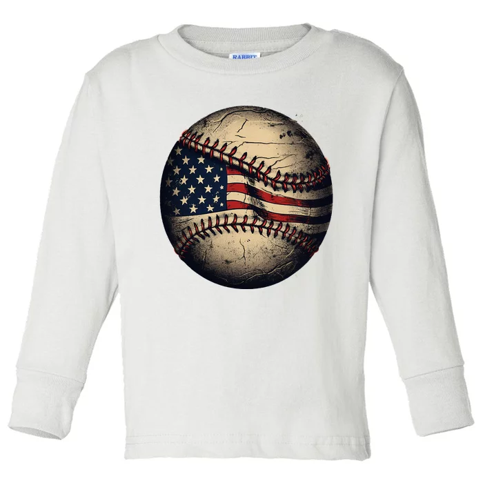 Retro American Flag Baseball Team Baseball Player Toddler Long Sleeve Shirt