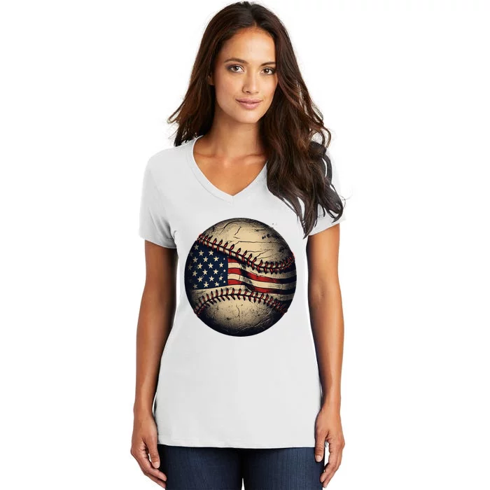 Retro American Flag Baseball Team Baseball Player Women's V-Neck T-Shirt