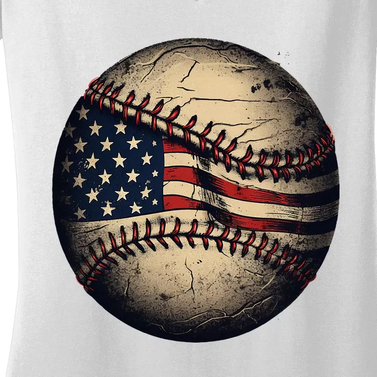 Retro American Flag Baseball Team Baseball Player Women's V-Neck T-Shirt