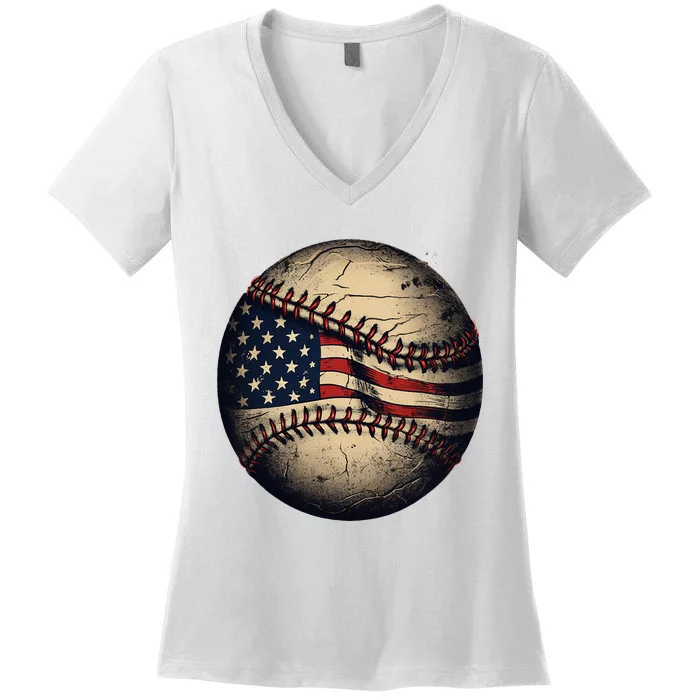 Retro American Flag Baseball Team Baseball Player Women's V-Neck T-Shirt