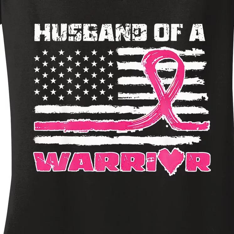 Ribbon American Flag Husband Of A Warrior Breast Cancer Women's V-Neck T-Shirt