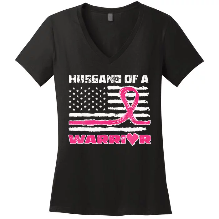 Ribbon American Flag Husband Of A Warrior Breast Cancer Women's V-Neck T-Shirt