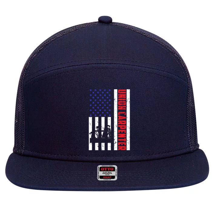 Retro American Flag Union Carpenter Woodworking Labor Day Cool Gift 7 Panel Mesh Trucker Snapback Hat