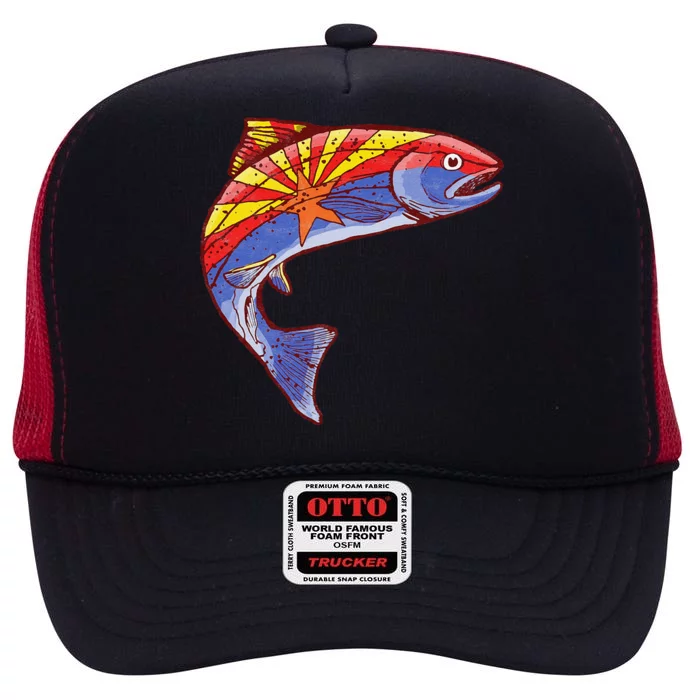 Retro Arizona Flag Trout Vintage Fly Fishing Graphic Design High Crown Mesh Trucker Hat